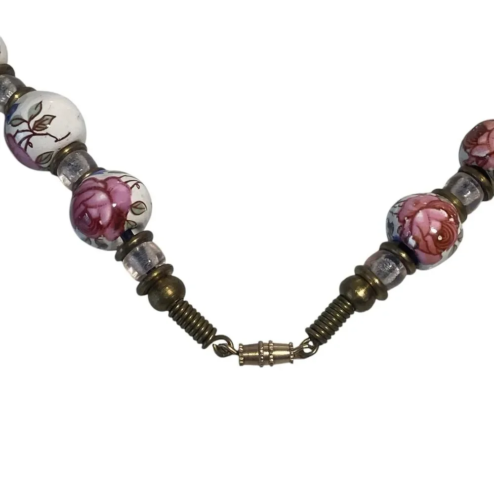Vintage Chinese Hand Painted Porcelain Flower Beaded Necklace Pink Rose On White